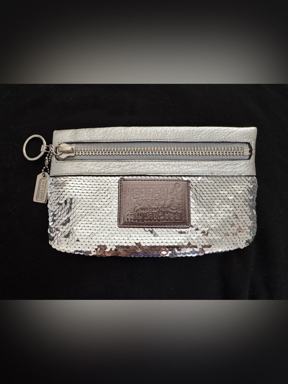 COACH Poppy Silver Sequin Wristlet Clutch with Metallic Trim